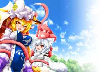 2girls animal_ear_fluff animal_ears bdsm blonde_hair blue_sky blue_tabard blush bondage bound breasts cloud commentary_request detached_sleeves dress fang fluffy fox_ears fox_girl fox_tail hat heart highres inubashiri_momiji kazami_karasu large_breasts long_sleeves looking_at_another mob_cap multiple_girls multiple_tails open_mouth outdoors red_eyes restrained skin_fang sky small_breasts tabard tail tentacles touhou white_hair white_hat wolf_ears wolf_tail yakumo_ran yellow_eyes