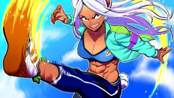 1girl :d abs absurdres aka_nobodyy animal_ears aqua_jacket arm_pouch attack_trail axe_kick blue_pants blue_sky blue_sports_bra boku_no_hero_academia breasts carrot_print cleavage clothing_cutout cloud cloudy_sky collarbone commentary dark-skinned_female dark_skin english_commentary floating_hair food_print hand_up highres jacket kicking large_breasts long_eyelashes long_hair looking_at_viewer midair midriff mirko motion_blur motion_lines multicolored_shoes muscular muscular_female navel obliques open_mouth pants parted_bangs rabbit_ears rabbit_girl rabbit_tail red_eyes sky smile solo sports_bra stomach tail tail_through_clothes teeth thighs tight_clothes tight_pants two-tone_shoes upper_teeth_only very_long_hair white_hair wrist_straps
