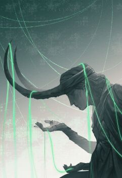 1girl 2boys blonde_hair commentary crack english_commentary fake_horns giant gradient_background green_theme highres horned_headwear horns loki_(disney+) loki_(marvel) marvel medium_hair mobius_(marvel) multiple_boys profile robe size_difference statue sylvie_laufeydottir tsukinny white_background