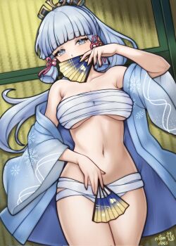 1girl artist_name ayaka_(genshin_impact) bandages blue_eyes blue_hair blue_haori blunt_bangs breasts chest_sarashi covering_own_mouth genshin_impact hair_ornament hand_fan haori high_ponytail highres japanese_clothes long_hair looking_at_viewer lying medium_breasts mole mole_under_eye navel on_back open_clothes ponytail rotomdocs sarashi solo stomach tatami thighs very_long_hair
