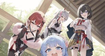4girls :d absurdres adjusting_hair akane_lize arahashi_tabi belt bent_over black_bow black_dress black_hair blue_eyes blue_hair blush bow breasts butterfly_ornament cleavage commentary_request crop_top crop_top_overhang dress earrings eldaga fang fishnet_thighhighs fishnets flower grey_eyes grey_hair grin hair_flower hair_ornament hairclip hand_on_own_chest highres jewelry korean_commentary looking_at_viewer medium_breasts midriff_peek multiple_girls neneko_mashiro on_railing open_mouth parallel_hairclips railing red_bow red_eyes red_hair shirayuki_hina skin_fang skindentation smile standing stellive tassel thigh_strap thighhighs