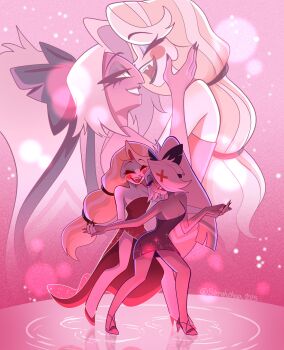 absurdres bare_shoulders blonde_hair bow breasts charlie_morningstar circle_facial_mark cleavage colored_inner_hair colored_skin couple dancing demon_girl dress fangs grey_hair grey_skin hair_bow hazbin_hotel hellaverse highres holding_hands multi-tied_hair multicolored_hair ponytail red_dress short_dress sirrahchaa thighs vaggie white_skin yuri