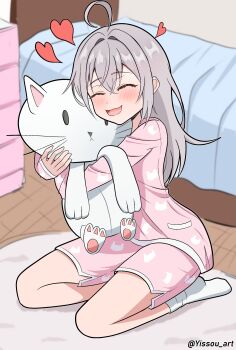 1girl absurdres alisa_mikhailovna_kujou animal_ears blue_eyes blush happy highres hug hugging_object long_hair open_mouth simple_background sitting smile solo stuffed_animal stuffed_toy tokidoki_bosotto_roshia-go_de_dereru_tonari_no_alya-san wariza yissou_art