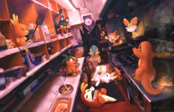 Rule 34 | absurdres, bowl, charmander, chimchar, commentary, cooking, cupboard, cyndaquil, darumaka, english commentary, fennekin, food, fuecoco, gen 1 pokemon, gen 2 pokemon, gen 3 pokemon, gen 4 pokemon, gen 5 pokemon, gen 6 pokemon, gen 8 pokemon, highres, indoors, lock, lying, nintendo, noodles, on back, pokemon, pokemon (creature), pokemon focus, ramen, scorbunny, spatula, steam, stove, torchic, vinoburrito