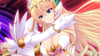 Rule 34 | 1girl, bare shoulders, blonde hair, blue eyes, breasts, cleavage, clenched teeth, detached sleeves, dress, en ciel rena, en ciel rena (laelith), floating hair, game cg, hair between eyes, hair ornament, headgear, headpiece, holding, holding sword, holding weapon, jewelry, kourin tenshi en ciel rena, large breasts, large variant set, long hair, long sleeves, magical girl, non-web source, official art, saitou natsuki, shield, solo, strapless, suhamaya, sword, teeth, tiara, tomoe rena, upper body, variant set, very long hair, weapon, white dress, white sleeves