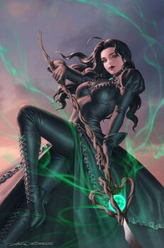 Rule 34 | 1girl, ahoge, black boots, black dress, black eyeshadow, black gloves, black hair, black leggings, blue sky, boots, breasts, comic cover, commentary, dress, english commentary, eyeshadow, floating clothes, floating hair, gloves, glowing, goth fashion, gradient sky, green eyes, highres, holding, holding staff, juliet sleeves, knee up, leggings, long hair, long sleeves, looking at viewer, m'dame absynthe, magic, makeup, medium breasts, official art, orange sky, puffy sleeves, red lips, sky, solo, staff, the architect and the conduit, victorian, yoon junggeun