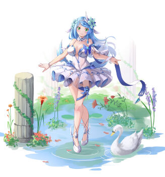 1girl absurdres ballerina ballet ballet_(ensemble_stars!) ballet_dress bird blue_hair green_eyes h_yoruneko highres leotard long_hair original swan tutu water