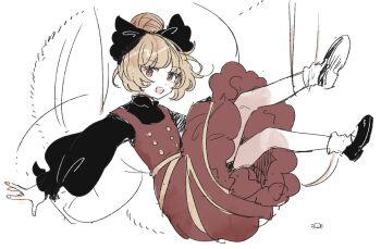 1girl bare_legs black_bow black_shirt black_shoes blonde_hair bow brown_dress brown_eyes bug buttons collared_shirt commentary_request double-breasted dress falling flat_chest frilled_dress frilled_sleeves frills full_body hair_bow hair_bun kurodani_yamame long_sleeves looking_at_viewer mozukuzu_(manukedori) open_mouth outstretched_arms pinafore_dress puffy_long_sleeves puffy_sleeves ribbon shirt shoes silk single_hair_bun sketch sleeveless sleeveless_dress smile socks solo spider spread_arms teeth touhou upper_teeth_only white_socks yellow_ribbon