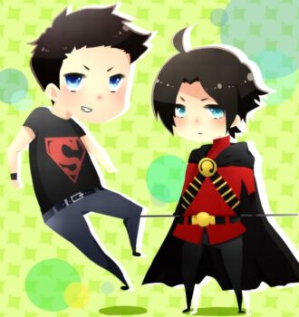 2boys black_hair blue_eyes cape chibi dc_comics denim flying jeans male_focus multiple_boys pants pixiv_sample red_robin resized s_shield superboy tim_drake young_justice