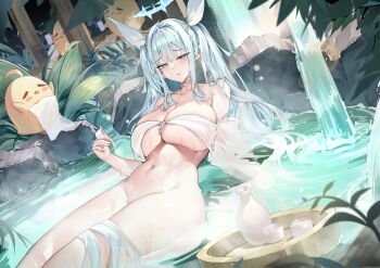 1girl absurdres alcohol azur_lane bikini bikini_top_only blush bois_belleau_(azur_lane) bois_belleau_(steamy_therapy)_(azur_lane) bottle bottomless breasts bucket choko_(cup) commentary_request cup grey_hair highres huge_breasts long_hair looking_at_viewer manjuu_(azur_lane) mole mole_under_eye navel official_alternate_costume onsen pointy_ears sake sake_bottle sijinni skindentation steam stomach swimsuit thick_thighs thighs tokkuri twintails very_long_hair water waterfall wet white_bikini white_hair wooden_bucket