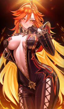 1girl absurdres ahoge biker_clothes black_bodysuit black_gloves bodysuit breasts commentary genshin_impact gloves highres large_breasts long_hair mavuika_(genshin_impact) multicolored_hair navel puppnett red_eyes red_hair solo symbol-shaped_pupils two-tone_hair very_long_hair
