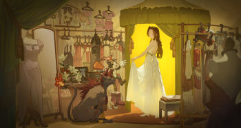 1girl 2boys absurdres aerith_gainsborough aerith_gainsborough_(festive_crimson_attire) aerith_gainsborough_(terra's_garb) aerith_gainsborough_(white_floral_dress) brown_hair cait_sith_(final_fantasy) clothes_hanger clothes_lift crisis_core:_final_fantasy_vii dress dress_lift final_fantasy final_fantasy_ix final_fantasy_tactics final_fantasy_vi final_fantasy_vii final_fantasy_vii:_ever_crisis final_fantasy_vii_rebirth final_fantasy_vii_remake fire flame-tipped_tail flower gold_saucer hat highres jester_cap kingdom_hearts lilith-lily long_hair mirror monster_hunter_(series) multiple_boys official_alternate_costume official_alternate_hairstyle red_xiii red_xiii_(the_hellhound) smile tail