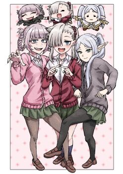 3girls absurdres alternate_costume black_pantyhose black_socks blue_eyes blunt_bangs border braid braided_hair_rings brown_cardigan brown_pantyhose brown_shoes cardigan chanto_suenai_kyuuketsuki-chan chibi chibi_inset closed_mouth collared_shirt commentary contemporary crossover elf fang frieren green_eyes green_skirt grey_hair hair_over_one_eye hair_rings highres index_fingers_together ishikawa_luna loafers long_hair long_sleeves multiple_crossover multiple_girls nanakusa_nazuna_(yofukashi_no_uta) open_mouth outside_border pantyhose parted_bangs pink_background pink_cardigan pink_hair pleated_skirt pointy_ears red_cardigan reiquant shirt shoes skirt smile socks sousou_no_frieren twintails white_border white_shirt yofukashi_no_uta