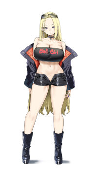 1girl absurdres arms_at_sides bare_shoulders black_boots black_choker black_jacket black_shorts blonde_hair blue_nails blush boots breasts choker cleavage closed_mouth commentary_request earrings eyewear_on_head female_focus fingernails full_body gyaru highres jacket jewelry joshi_kousei_rich_thots large_breasts long_fingernails long_sleeves looking_at_viewer midriff navel off_shoulder open_clothes open_fly open_jacket open_shorts rena_(joshi_kousei_rich_thots) short_shorts shorts simple_background sky-freedom solo standing stomach sunglasses thighs white_background