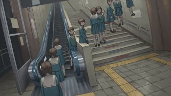6+girls black_footwear blue_serafuku blue_skirt braid clone escalator expressionless floating low_twin_braids multiple_girls noclip original pleated_skirt queue railing school_uniform serafuku shoes skirt socks stairs tensen_(dotted_line) tile_floor tiles train_station twin_braids what