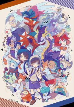 4boys 5girls auko bellibolt blue_headwear braid brown_footwear brown_hair clavell_(pokemon) collar commentary_request facial_hair florian_(pokemon) fuecoco gen_4_pokemon gimmighoul gimmighoul_(roaming) glasses grafaiai grusha_(pokemon) hat highres holding holding_poke_ball index_finger_raised iono_(pokemon) jacq_(pokemon) juliana_(pokemon) koraidon mela_(pokemon) miraidon multiple_boys multiple_girls necktie nemona_(pokemon) nintendo open_mouth orange_necktie orange_shorts pawmi penny_(pokemon) poke_ball poke_ball_(basic) pokemon pokemon_(creature) pokemon_sv purple_necktie purple_shorts quaxly red_hair rotom rotom_phone shirt shoes short_hair short_sleeves shorts smoliv socks sprigatito wiglett