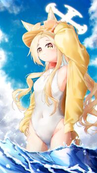 1girl absurdres animal_ear_fluff animal_ears blonde_hair blue_archive blue_sky breasts clothing_cutout cloud commentary_request covered_navel cross_halo day diamond_cutout fox_ears fox_girl fox_tail halo highleg highleg_one-piece_swimsuit highres jacket kyuro long_hair official_alternate_costume official_alternate_hairstyle one-piece_swimsuit orange-tinted_eyewear orange_eyes outdoors seia_(blue_archive) seia_(swimsuit)_(blue_archive) side_ponytail sky small_breasts smile solo sunglasses swimsuit tail tinted_eyewear visor_cap wading water white_one-piece_swimsuit yellow_halo yellow_jacket yellow_visor
