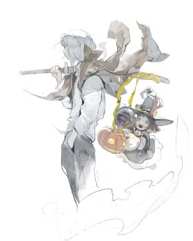 1boy 1girl absurdres angela_leon brown_hair candy food hand_in_pocket hat highres holding holding_sword holding_weapon jack-o'-lantern jacket jacket_on_shoulders kanji_(nievart) katana long_hair long_sleeves mifune_(soul_eater) pants shirt simple_background soul_eater sword weapon white_background white_hair white_shirt witch witch_hat