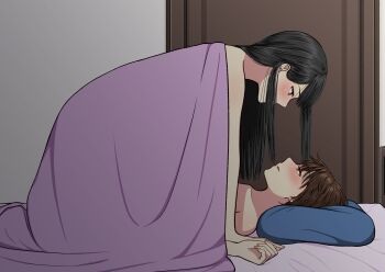 2girls absurdres black_hair blush brown_eyes brown_hair commentary_request door eye_contact highres long_hair looking_at_another multiple_girls nude on_bed original parted_lips pillow ryuusa short_hair under_covers yuri