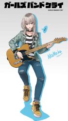 Rule 34 | 1girl, 33brook33, black choker, choker, commentary request, copyright name, denim, earclip, electric guitar, full body, girls band cry, gradient background, green jacket, grey background, grey eyes, grey hair, guitar, highres, instrument, jacket, jeans, kawaragi momoka, long hair, long sleeves, looking at viewer, multicolored hair, music, musical note, open clothes, open jacket, open mouth, pants, playing guitar, roots (hair), shirt, shoes, singing, sneakers, solo, spoken musical note, striped clothes, striped shirt, torn clothes, torn jeans, torn pants, watch, white background, wristwatch, yellow footwear