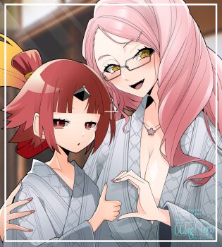 2girls bath_yukata beni-enma blush breasts cleavage commentary_request fate/grand_order fate_(series) folded_ponytail glasses hair_ornament hairclip heart highres japanese_clothes jewelry kimono koyanskaya_(fate) koyanskaya_(over_the_same_sky)_(fate) large_breasts long_hair long_sleeves looking_at_viewer multiple_girls necklace open_mouth parted_bangs pink_hair red_eyes red_hair small_breasts smile swept_bangs very_long_hair wagu_neru white_kimono yellow_eyes yukata