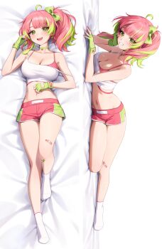 Rule 34 | 1girl, absurdres, ahoge, akabino, bandaid, bandaid on leg, bow, bra, breasts, choker, cleavage, dakimakura (medium), facial mark, fingerless gloves, gloves, green choker, green eyes, green gloves, green hair, heart, heart facial mark, highres, indie virtual youtuber, large breasts, legs, lying, navel, no shoes, on back, open mouth, pink bra, pink hair, ponytail, shorts, slice of toma, smile, socks, sports bra, sportswear, thighs, underwear, virtual youtuber, white socks