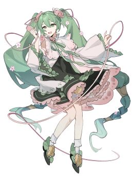 1girl :d ankle_socks black_skirt bobby_socks commentary english_commentary flower frilled_sleeves frills full_body fuuuuuy green_eyes green_hair green_ribbon hair_between_eyes hair_flower hair_ornament hatsune_miku highres holding long_hair long_sleeves looking_at_viewer neck_ribbon open_mouth ribbon simple_background skirt smile socks solo twintails very_long_hair vocaloid white_background white_flower white_socks wide_sleeves