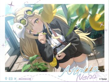 1girl black_bow black_bowtie black_jacket black_shorts blonde_hair bow bowtie closed_mouth dutch_angle food fruit goggles guest_art holding holding_pen jacket lemon long_hair long_sleeves looking_at_viewer mask mask_on_head open_clothes open_jacket pen plant ridge_(stella_sora) ruien_(wu_jui-en) shirt short_shorts shorts solo stella_sora thighhighs very_long_hair white_shirt white_thighhighs yellow_eyes