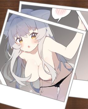 :o absurdres animal_ears black_panties blush breasts cat_ears commission drawing_(object) grey_hair harugisasama highres large_breasts long_hair looking_at_viewer nipples panties pulling skeb_commission solo underwear yellow_eyes zeru_(wisel_army)