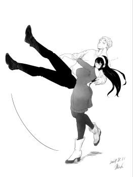 1boy 1girl bare_shoulders black_hair blonde_hair blush breasts commentary_request dated earrings full_body gold_earrings hairband hetero highres holding husband_and_wife jewelry large_breasts long_hair long_sleeves mich_kj shirt short_hair sidelocks smile spy_x_family twilight_(spy_x_family) white_hairband yor_briar