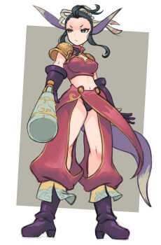 Rule 34 | 1girl, absurdres, animal ears, black hair, breasts, breath of fire, breath of fire iv, bun cover, closed mouth, commentary request, eyeshadow, full body, gloves, hair bun, highres, makeup, navel, okera, short hair, single hair bun, solo, tail, ursula (breath of fire)