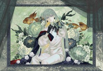 Rule 34 | 1other, absurdres, androgynous, bug, butterfly, butterfly on hand, colored inner hair, commentary request, earrings, enkidu (celebratory attire) (fate), enkidu (fate), fate/grand order, fate (series), feet out of frame, fish, flower, flying fish, gloves, goldfish, green eyes, green hair, hair between eyes, highres, insect, jewelry, long hair, long sleeves, looking at viewer, multicolored hair, other focus, painting (object), pants, picture frame, shirt, sitting, smile, solo, white shirt, yitianfengyue