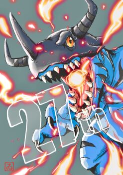 absurdres anniversary breath_weapon breathing_fire commentary_request cowboy_shot digimon digimon_(creature) dinosaur fire fireball green_background greymon_(blue) highres horns kinoshita_itaru no_humans open_mouth sharp_teeth simple_background teeth yellow_eyes