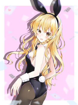 1girl absurdres alternate_costume animal_ear_hairband animal_ears ass black_bow black_leotard blonde_hair blush bow braid breasts brown_pantyhose commentary_request fake_animal_ears hair_bow hairband highres kirisame_marisa leotard long_hair looking_at_viewer minatsuki_yurara open_mouth pantyhose pink_nails playboy_bunny rabbit_ear_hairband rabbit_ears rabbit_tail shadow side_braid single_braid solo strapless strapless_leotard tail touhou very_long_hair wrist_cuffs yellow_eyes