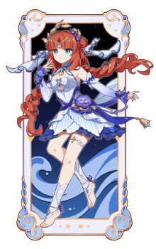 1girl absurdres arabian_clothes armpit_crease bare_shoulders barefoot_sandals_(jewelry) blue_eyes blunt_bangs braid breasts ccc center_opening chest_jewel cleavage collar collarbone detached_sleeves double_bun dress eyelashes feet feet_up female_focus flower flower_ornament forehead_jewel frilled_dress frilled_sleeves frills full_body genshin_impact hair_bun hair_flower hair_ornament hand_up happy highres huge_filesize jewelry knees legs long_hair looking_at_viewer lots_of_jewelry nail_polish nilou_(breeze_of_sabaa)_(genshin_impact) nilou_(genshin_impact) no_bra official_alternate_costume official_alternate_hairstyle orange_hair outstretched_arm parted_bangs pink_toenails short_dress small_breasts smile thighlet thighs tiara tiptoes toe_ring toenail_polish toenails toes twin_braids underboob veil very_long_hair vision_(genshin_impact)