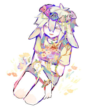 1boy :d ^_^ animal_ears antenna_hair bare_arms bare_legs basil_(headspace)_(omori) basil_(omori) blue_flower blue_rose bouquet closed_eyes collarbone colored_eyelashes commentary double-parted_bangs facing_viewer flower flower_wreath from_above grey_overalls hair_between_eyes head_wreath highres holding holding_bouquet kemonomimi_mode lop_rabbit_ears lower_teeth_only male_focus omori open_mouth orange_flower overall_shorts overalls pale_skin pink_flower plant rabbit_boy rabbit_ears rose seiza shirt short_hair short_sleeves sidelocks simple_background sitting smile solo sukinakoto1ppai teeth tongue vines white_background white_eyelashes white_hair yellow_shirt