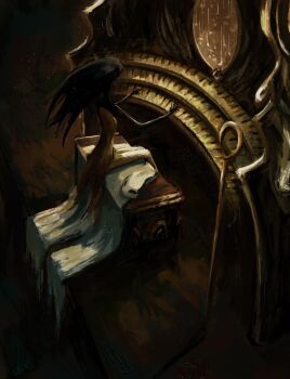 1other absurdres anelfchay arthropod_girl black_hair black_skin brown_dress colored_skin dress floating_hair highres hollow_knight hollow_knight:_silksong instrument mask music organ_(instrument) phantom_(hollow_knight) piano_bench pin_(hollow_knight) pipe_organ playing_instrument playing_piano sitting solo unworn_mask wavy_hair weapon white_mask