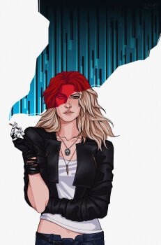 1girl absurdres alt_cunningham black_gloves black_jacket blonde_hair cigarette cyberpunk_(series) cyberpunk_2077 fingerless_gloves gloves green_eyes highres holding holding_cigarette igraine_art jacket jewelry long_hair looking_at_viewer mechanical_hands necklace open_clothes open_jacket shirt single_mechanical_hand solo upper_body white_shirt