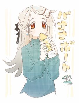 1girl blonde_hair blue_sweater colored_eyelashes earrings eating flipped_hair food food_wrapper gakuen_idolmaster hair_ornament hairclip hands_up highres holding holding_food idolmaster jewelry long_hair long_sleeves looking_at_viewer nendo23 orange_eyes roasted_sweet_potato shinosawa_hiro solo sweater sweet_potato translation_request turtleneck turtleneck_sweater upper_body
