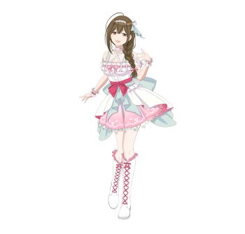 1girl ahoge anime_coloring bare_shoulders blue_sash blush boots bow braid braided_ponytail breasts brown_eyes brown_hair camisole collarbone frilled_camisole frilled_skirt frills full_body hair_ornament hair_over_shoulder hairband hand_up highres idolmaster idolmaster_shiny_colors kuwayama_chiyuki large_breasts long_braid long_hair looking_at_viewer official_art open_hand open_mouth pink_bow pink_skirt red_sash sash scrunchie simple_background single_braid skirt smile solo standing tachi-e tareme thighhighs transparent_background white_boots white_camisole white_hairband white_scrunchie white_thighhighs wrist_scrunchie