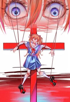 1girl blue_eyes character_doll cross doll doll_joints hair_between_eyes hair_ornament hanging interface_headset_(evangelion) joints latin_cross long_hair madao07979 marionette neon_genesis_evangelion orange_hair puppet puppet_strings school_uniform shirt shoes short_sleeves skirt smile socks solo souryuu_asuka_langley string suspender_skirt suspenders tokyo-3_middle_school_uniform two_side_up white_shirt
