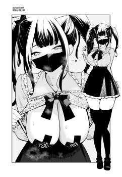 Rule 34 | 1girl, blush, breasts, cleavage, clothes lift, commentary request, cropped legs, dated, eyebrows hidden by hair, fuck-me pasties, full body, greyscale, highres, jirai kei, kichihachi, large breasts, looking at viewer, mask, medium hair, monochrome, mouth mask, multiple views, original, shirt, shirt lift, short twintails, simple background, skirt, smell, smile, steaming body, sweat, thighhighs, twintails, white background, zettai ryouiki