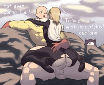 2boys anal androgynous anus artist_request ass black_bodysuit blush bodysuit cape cowgirl_position curvy english_text erection eye_contact from_below gloves high_heels highres hug huge_ass long_hair looking_at_another manako_(one-punch_man) multiple_boys one-punch_man outdoors penis saitama_(one-punch_man) senkou_no_flash sex sitting sitting_on_person skin_tight speech_bubble straddling superhero_costume sweat torn_bodysuit torn_clothes trap voyeurism wide_hips yaoi