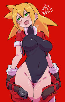 1girl absurdres black_leotard blonde_hair blush breasts brown_gloves buzzlyears covered_navel cropped_jacket fang gloves green_eyes highres jacket large_breasts leotard looking_up medium_hair mega_man_(series) mega_man_legends_(series) open_clothes open_jacket open_mouth open_shorts red_background red_jacket red_shorts ringed_eyes roll_caskett_(mega_man) shorts simple_background solo tongue