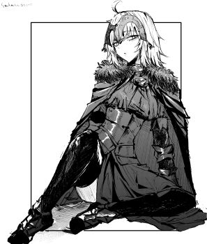 1girl absurdres ahoge armor artist_name cape capelet chain commentary dress fate/grand_order fate_(series) fur-trimmed_cape fur_trim gauntlets greyscale headpiece highres jeanne_d'arc_alter_(avenger)_(fate) jeanne_d'arc_alter_(fate) knee_up looking_at_viewer monochrome plackart sakana_(whhy8883) short_hair sitting solo thighhighs