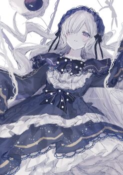 1girl blue_dress blue_hairband commentary_request dress driedflower feet_out_of_frame frilled_dress frills gothic_lolita grey_hair hair_over_one_eye hairband highres lolita_fashion lolita_hairband long_hair long_sleeves looking_at_viewer mahou_shoujo_no_majo_saiban natsume_an-an purple_eyes sleeves_past_fingers sleeves_past_wrists solo very_long_hair