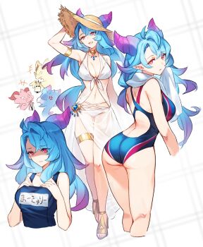 1girl :d :o alternate_costume armlet armpits ass bikini blue_hair breasts brown_hat brunhilda_(dragalia_lost) cleavage closed_mouth dragalia_lost dragalinuka dragon dragon_girl dragon_horns gold_armlet gold_thighlet hair_between_eyes hat highres horns humanoid_mercury_(dragalia_lost) jewelry jupiter_(dragalia_lost) long_hair looking_at_viewer mercury_(dragalia_lost) multicolored_hair multiple_views navel one-piece_swimsuit open_mouth pink_hair pointy_ears red_eyes school_swimsuit smile sun_hat swimsuit thighlet two-tone_hair very_long_hair white_bikini