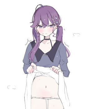 1girl anger_vein blue_eyes blush butterfly_hair_ornament choker clothes_lift collarbone commentary_request curly_sidelocks gakuen_idolmaster hair_ornament highres idolmaster kaya_rinha kotatuneko15 long_sleeves mole mole_on_neck navel pale_skin panties panty_pull puff_of_air purple_hair purple_shirt pussy shirt sidelocks simple_background skirt skirt_lift solo solo_focus stomach sweatdrop twintails twitching underwear uneven_twintails white_background white_panties white_skirt