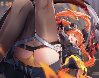 1girl absurdres asymmetrical_gloves beret curled_horns gloves green_eyes hat highres horns legs_up long_hair magus_(zenless_zone_zero) mechanical_tail mismatched_gloves orange_hair orphie_magnusson pointy_ears seori tail thigh_strap thighhighs thighs twintails zenless_zone_zero