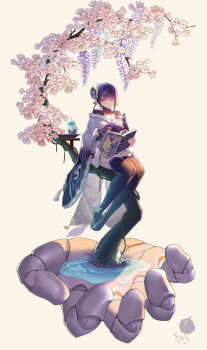 Rule 34 | 1girl, absurdres, armor, artist name, asymmetrical sleeves, benpao de ruoji, blue pupils, book, braid, breasts, bridal gauntlets, cherry blossoms, chewing, cleavage, closed mouth, clothing cutout, commentary, dango, dango milk (genshin impact), eating, flower, food, full body, genshin impact, gradient hair, hair ornament, head tilt, highres, holding, holding book, holding food, huge breasts, in tree, japanese clothes, kimono, large breasts, light blush, long braid, looking at viewer, mechanical hands, mitsudomoe (shape), mole, mole under eye, multicolored eyes, multicolored hair, neck ribbon, off shoulder, open book, purple eyes, purple hair, purple kimono, raiden shogun, red ribbon, red sash, ribbon, sash, shade, shoulder armor, shoulder cutout, single braid, single mechanical hand, sitting, sitting in tree, solo, thighhighs, tomoe (symbol), tree, uneven sleeves, wagashi, water, wide sleeves, wisteria, yellow background